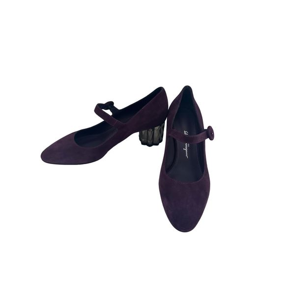 Salvatore Ferragamo Ortensia Suede Mary Jane‎ Purple Silver Geometric Heel Sz 5C - Picture 1 of 11